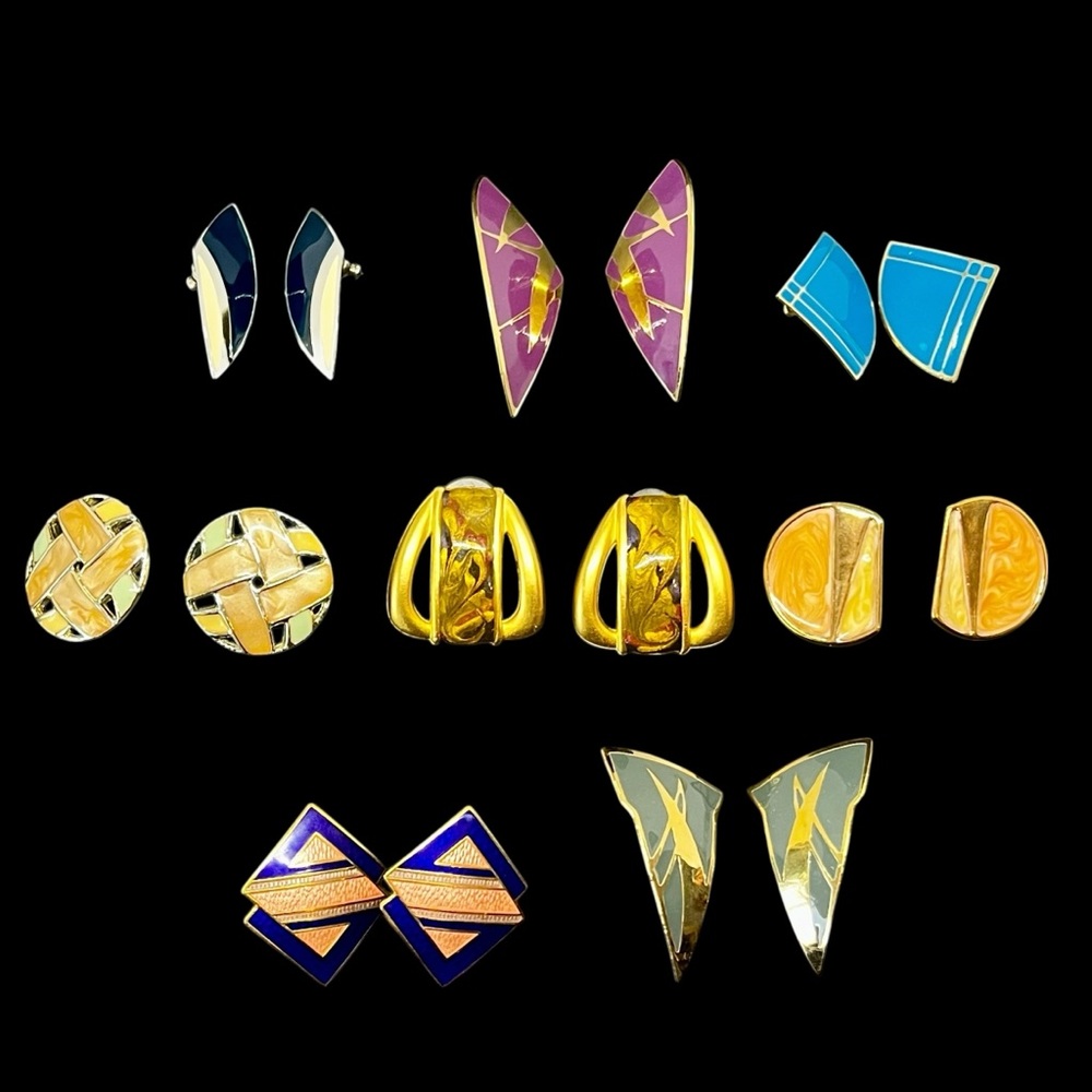 Vintage Enameled Pierced Earrings Variety of Colors Geometric Patterns Lot of 8